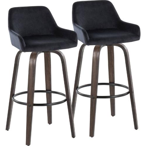 Daniella 30" Swivel Bar Stool in Walnut Glazed Wood & Black Velvet with Black Footrest (Set of 2)